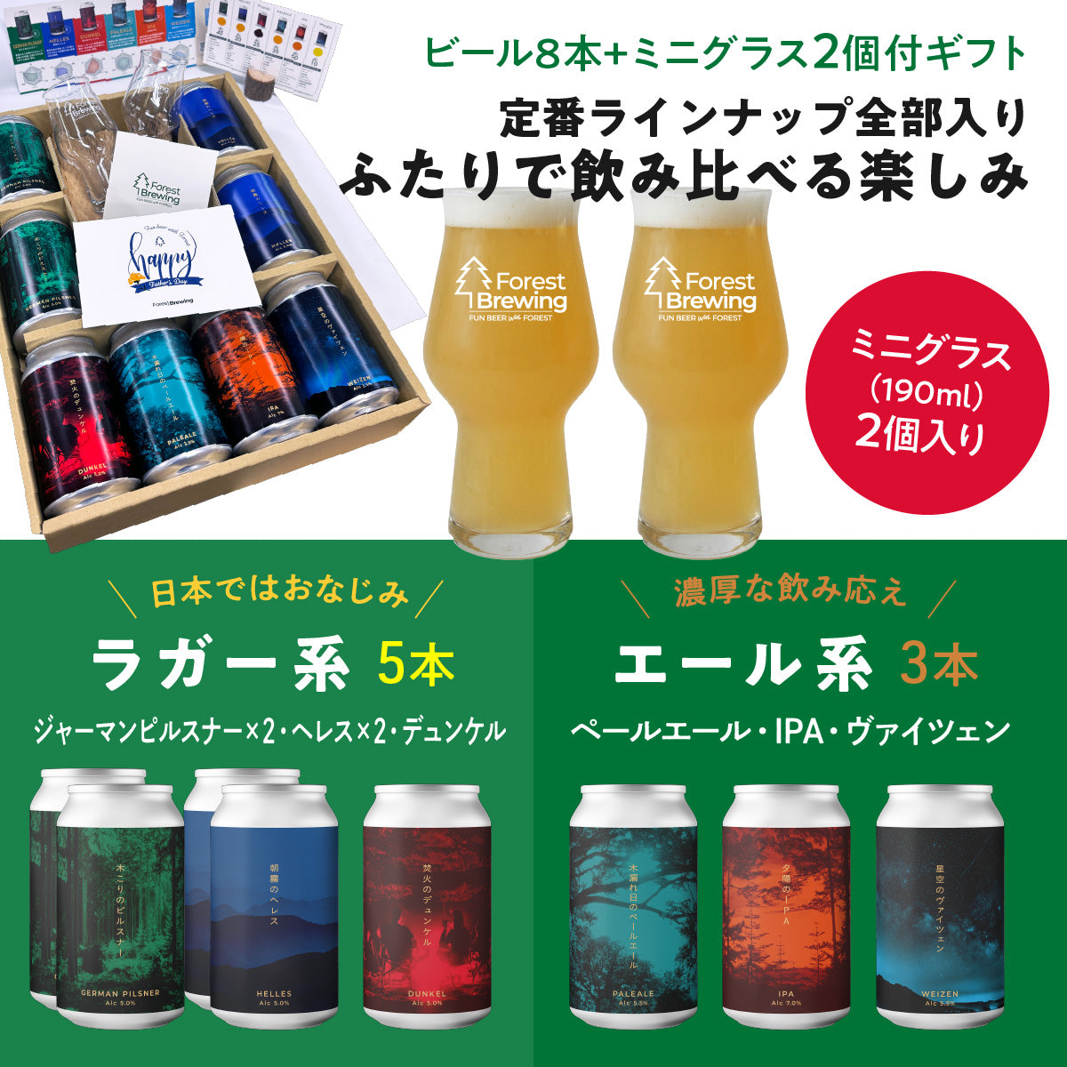 ［父の日・お中元・夏ギフト］定番ビール8本+ミニグラス2個付ギフト［定番フルラインナップ］